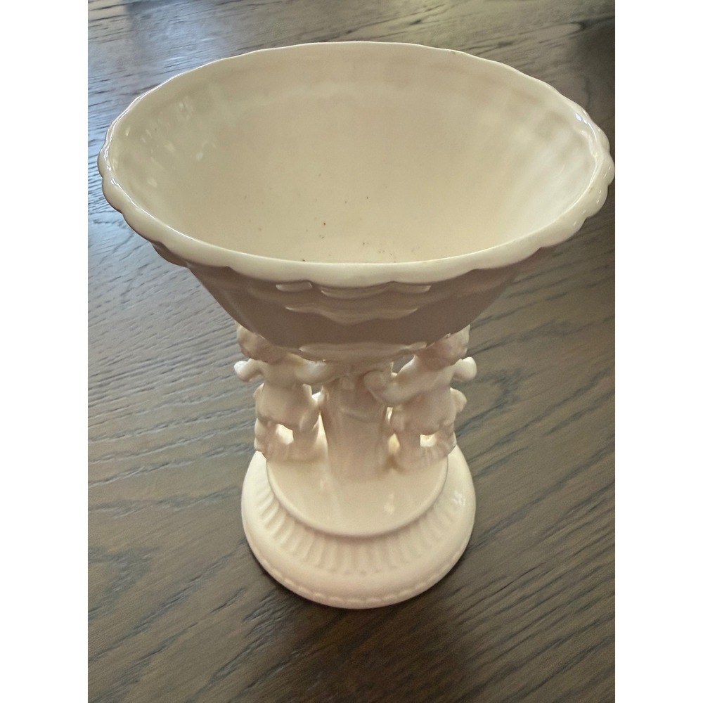Vintage White Ceramic Cherub Compote Bowl Scalloped Floral Putti Urn Vase